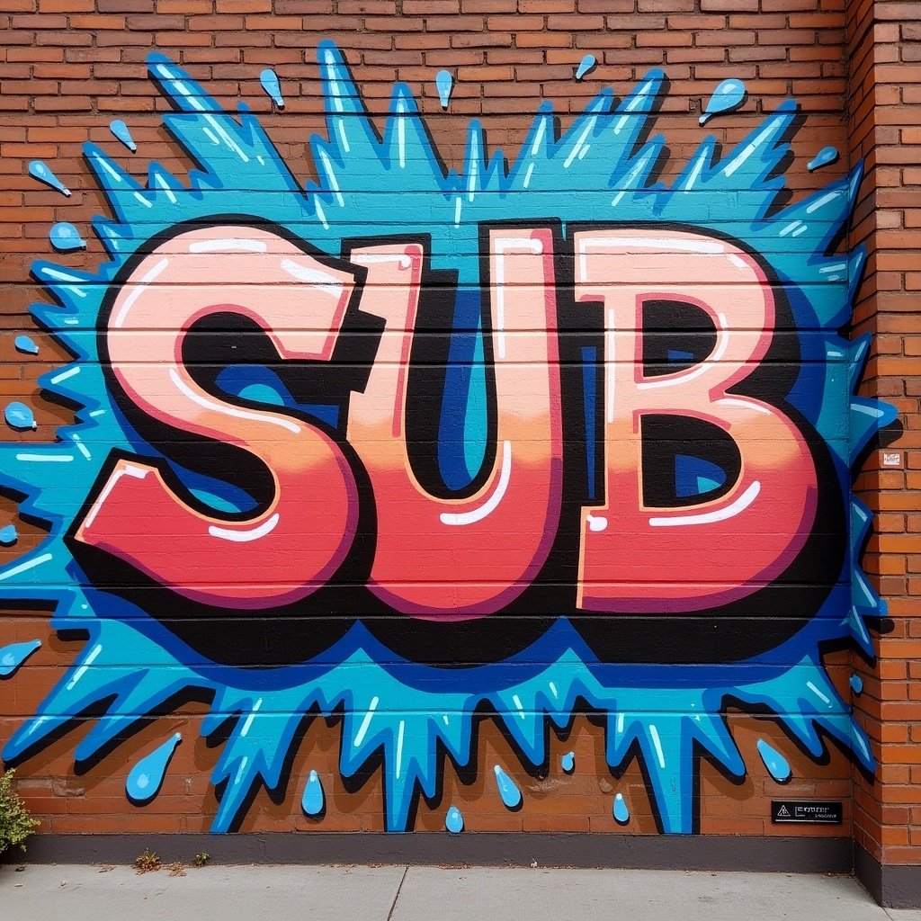 Vibrant graffiti mural with colorful text and patterns on a brick wall. Prominent words like SUB and BMW. Features bright colors and artistic design.