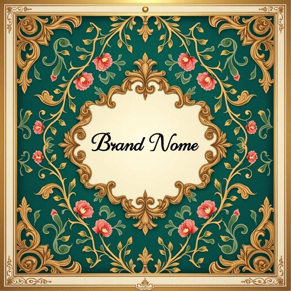 A vintage-style ornate label designed for a luxurious perfume bottle. Background features intricate floral patterns with gold accents. Center has space for the brand name in elegant calligraphy. Color palette includes deep emeralds, rich golds, and soft ivory. Design evokes timeless elegance and refinement.