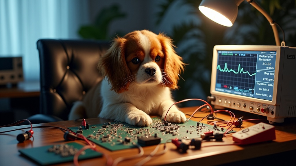 A fluffy Cavalier King Charles Spaniel is sitting in a chair, while soldering an electronic circuit board. The dog is surrounded by various wires and circuit boards laid out on a desk. Next to the dog, there are oscilloscopes and multimeters displaying signals. The scene captures a playful interaction between the pet and an electronics setup. Soft lighting adds warmth to the atmosphere, highlighting the dog's expressive face. This image perfectly blends the themes of technology and pet companionship.