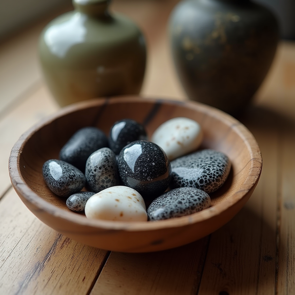 A wooden bowl filled with smooth, polished stones sits in a serene setting alongside subtle ceramic vases.