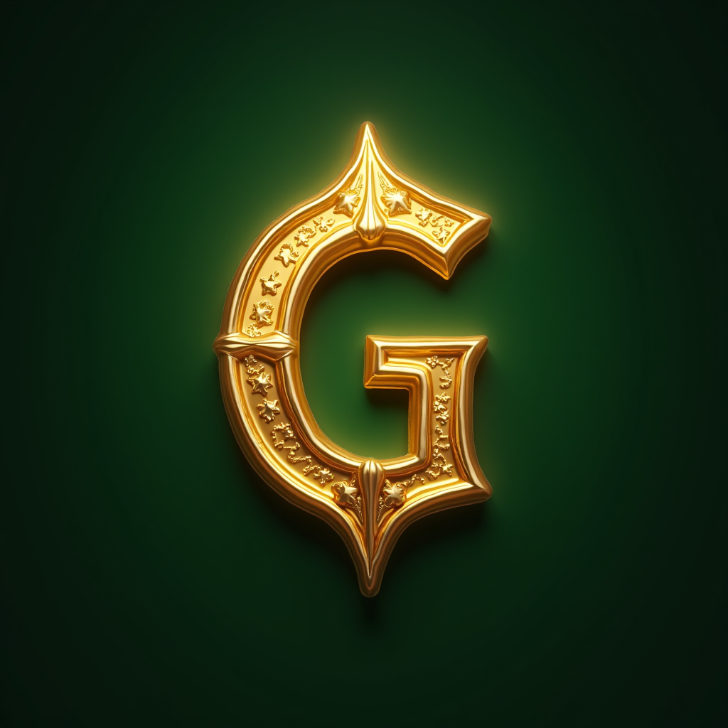 The image features a decorative golden letter 'G' on a dark green background.