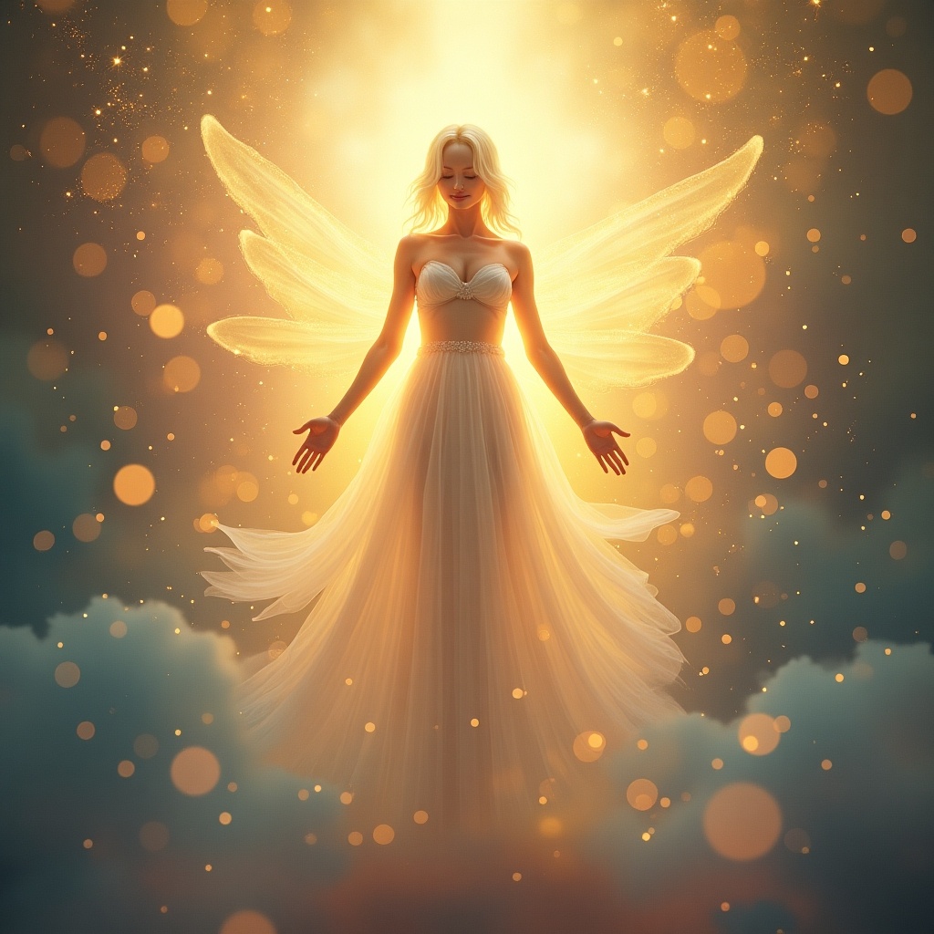 A celestial figure with wings stands in an ethereal glow. The setting has clouds and a dreamy atmosphere.