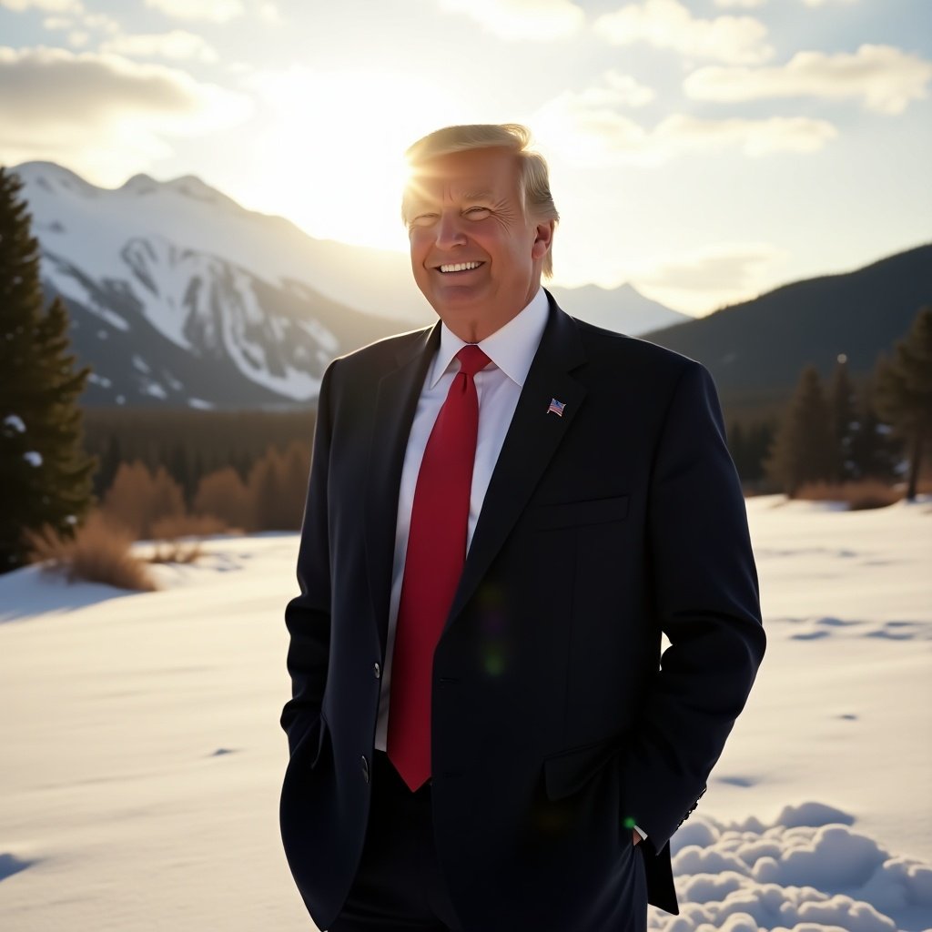 Person standing confidently in a snowy meadow, wearing a suit, with hands in pockets, surrounded by mountains and trees under warm sunlight