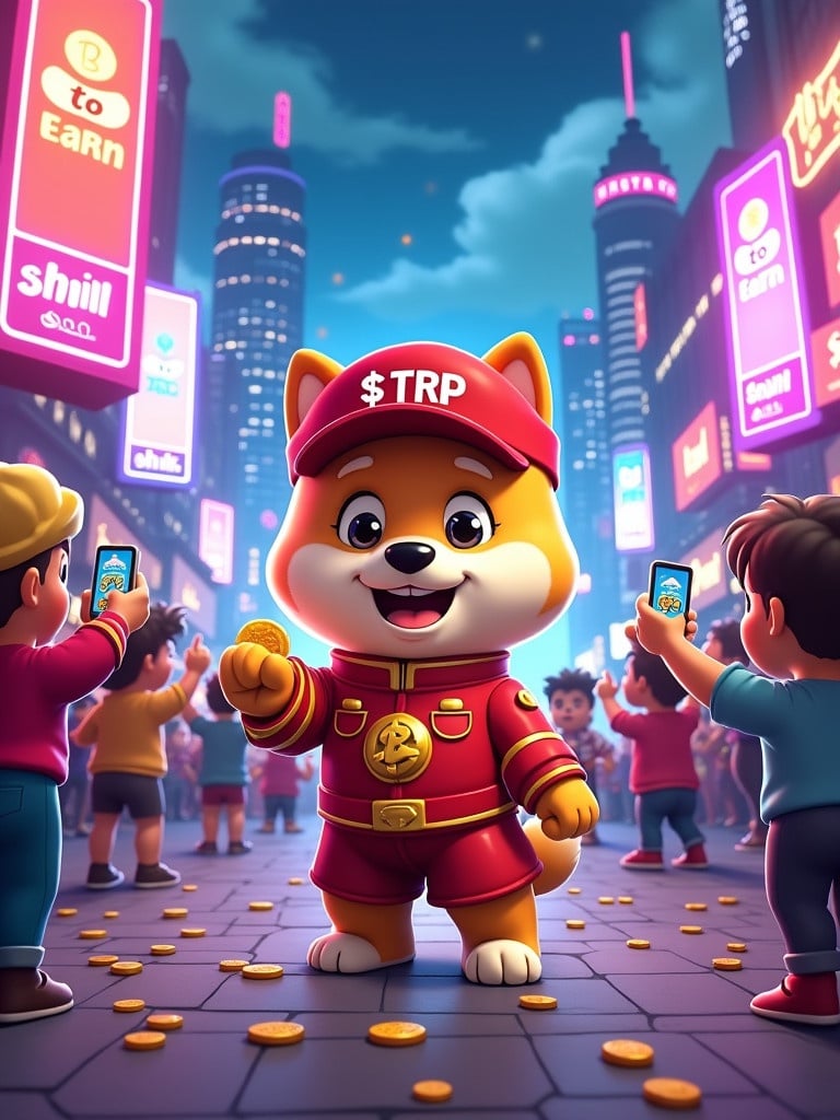 Vibrant cartoon scene featuring an animated Shiba dog. Shiba wearing red baseball cap labeled $TRP. Shiba dressed in army uniform and trousers. Shiba in center of futuristic city plaza. Surrounded by holographic billboards advertising Shill to Earn. Glowing cryptocurrency symbols. Dog enthusiastic handing out golden coins. Cheerful crowd diverse animated characters. People holding smartphones celebrating rewards. Background mix of neon lights skyscrapers glowing digital sky. Lively energetic atmosphere.