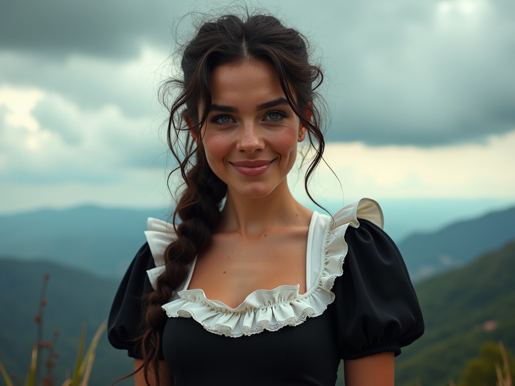 A young woman wearing traditional attire standing in front of a mountainous landscape, looking directly at the camera with a gentle smile.