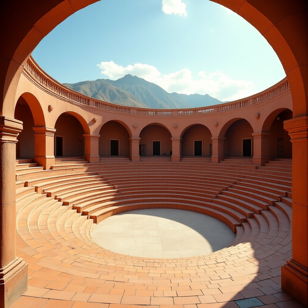 This image showcases a sunlit circular amphitheater with striking terracotta hues. The amphitheater features tiered seating, inviting viewers to imagine events taking place. Arched structures provide a sense of grandeur, enhancing the architectural beauty. In the background, distant mountains add a natural element to the scene. The overall atmosphere is peaceful and inviting, making it perfect for cultural gatherings or performances.