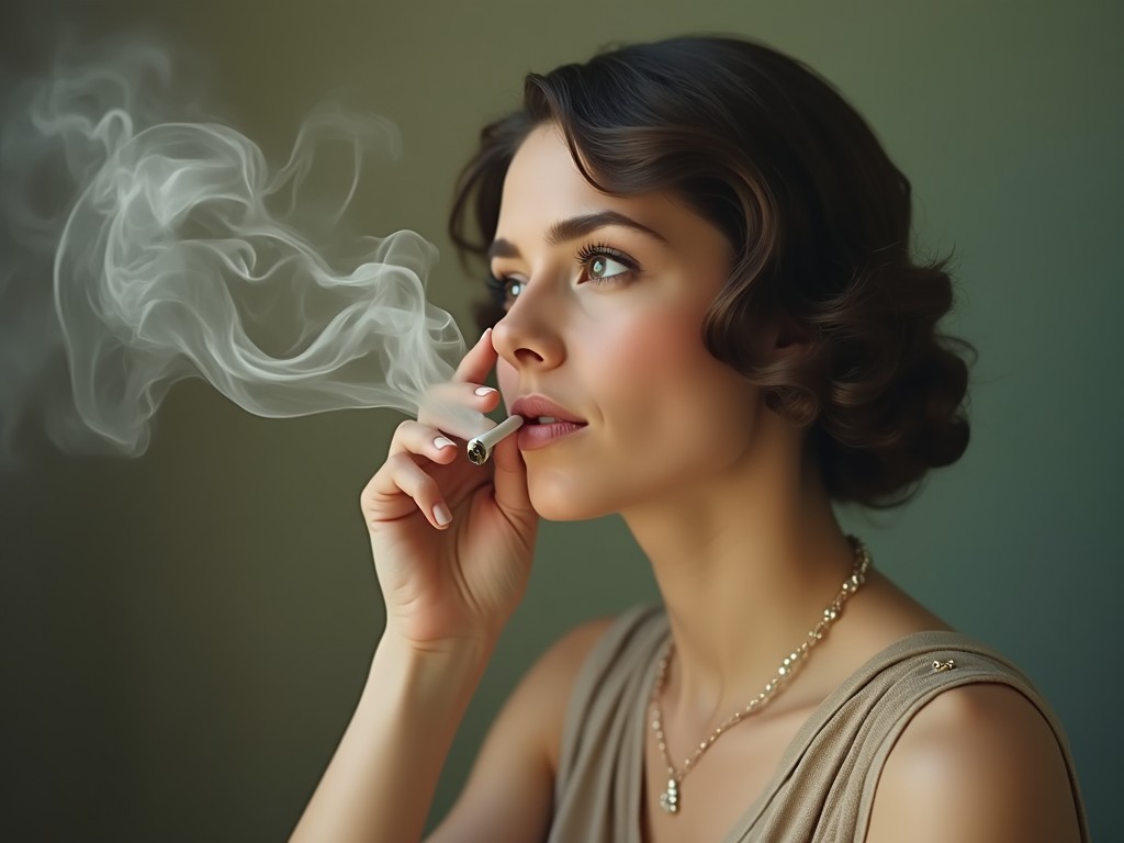 This image captures a vintage portrait of a woman smoking a cigarette in an artistic and elegant manner. She has beautifully styled hair and wears a soft, fashionable outfit. The smoke from her cigarette creates a dreamy atmosphere around her. The soft lighting enhances her features, giving the image a warm and inviting appeal. This portrait evokes nostalgia and sophistication, making it ideal for vintage-themed projects.