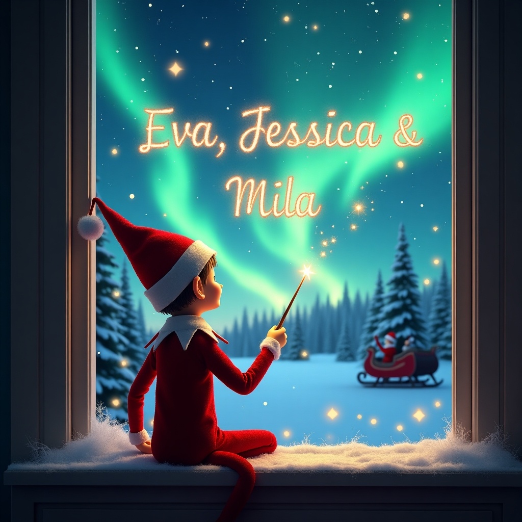 The image features an elf sitting on a window ledge with its back to the viewer. The elf gazes at the colorful northern lights illuminating the night sky. A winter landscape with sparkling stars creates a magical ambiance. Santa Claus in his sleigh enhances the festive spirit. Dressed in a classic red outfit with a pointed hat, the elf uses a wand to write names in shimmering letters, adding to the enchantment. The scene evokes a whimsical atmosphere, embodying the magic of Christmas.