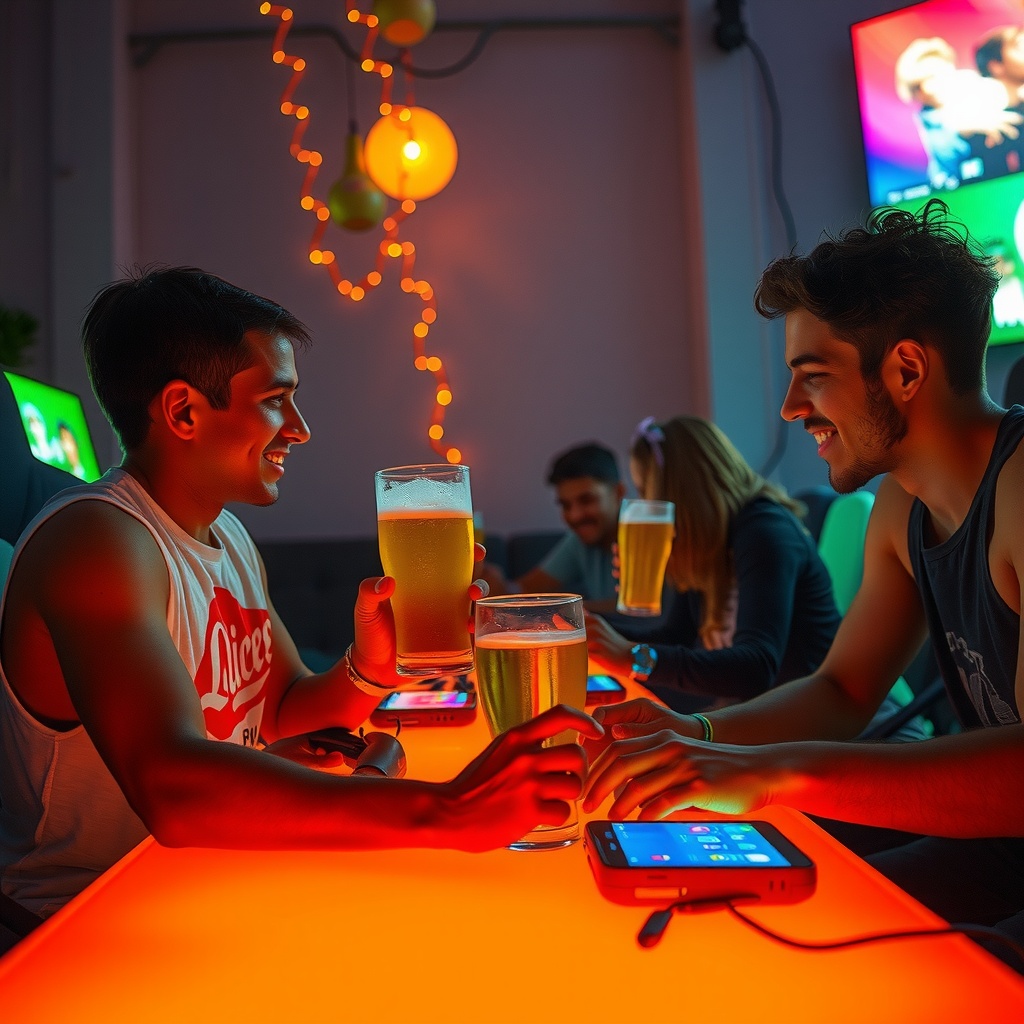 Friends enjoy a lively evening at a bar with neon lighting.