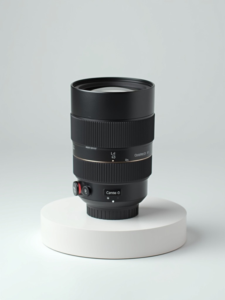 A camera lens is placed on a white circular platform. The background is plain and minimalistic.