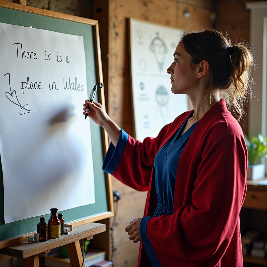 A woman in a red robe writes on a paper titled 'There is a place in Wales.'