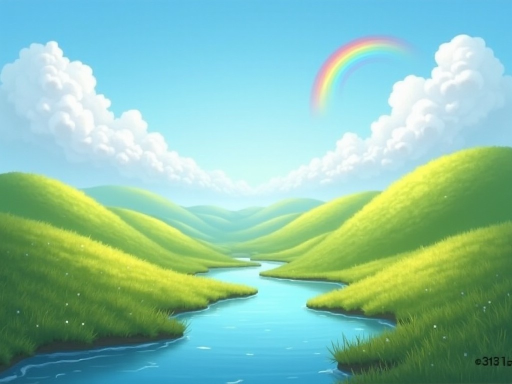 This image depicts a picturesque landscape filled with rolling green hills and a serene blue river that winds through the scene. A bright rainbow arcs above, gently contrasting the fluffy white clouds in a clear sky. The vibrant colors convey a sense of joy and tranquility. The lush grass seems almost to glisten in the sunlight, enhancing the idyllic natural setting. This scene is inviting and perfect for conveying themes of peace and beauty in nature.