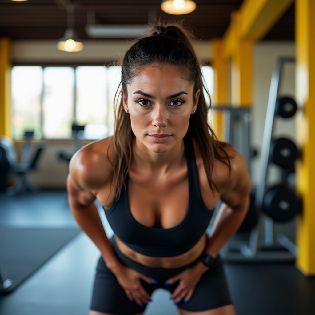 Image shows a woman performing squats in a gym setting. Emphasis on a strong and fit physique. Natural light enhances the atmosphere.