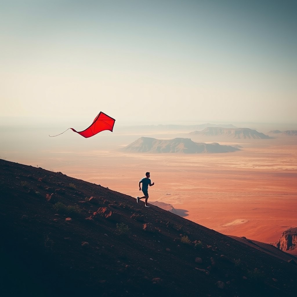 A person running down a desert hill flying a red kite with vast landscapes in the background.