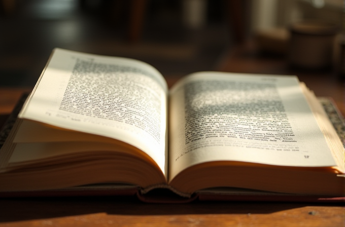 An open book with sunlight illuminating its pages on a wooden table.