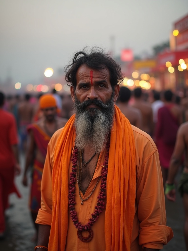 A 38-year-old Indian man with a worried expression dressed in traditional attire. He is amidst the evening crowd at Kumbh Mela asking people about his missing wife.