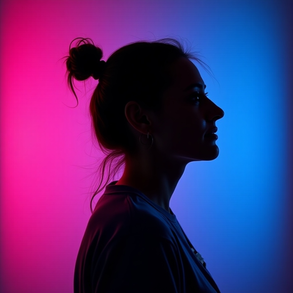 Image features silhouette of a person with hair tied back in ponytail against vibrant background. Background transitions from deep pink on the left to bright blue on the right. Light interplay highlights profile contours. Visual effect is striking blend of colors creating modern artistic light.