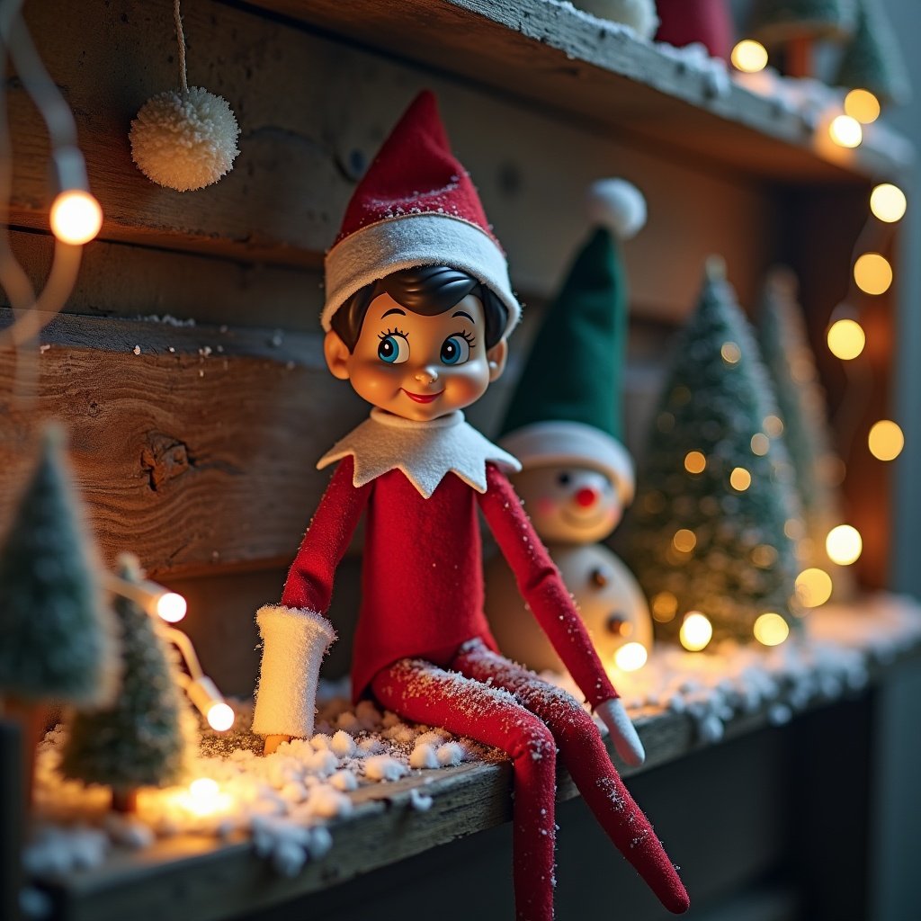 Elf figure with a cast sitting on a shelf surrounded by snowy elements and twinkling lights. Santa-themed decorations present.