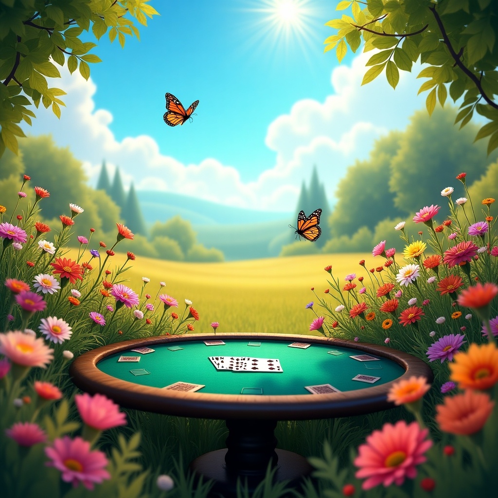 Poker table in a colorful meadow filled with flowers and butterflies. Bright blue sky overhead. Sunny day.