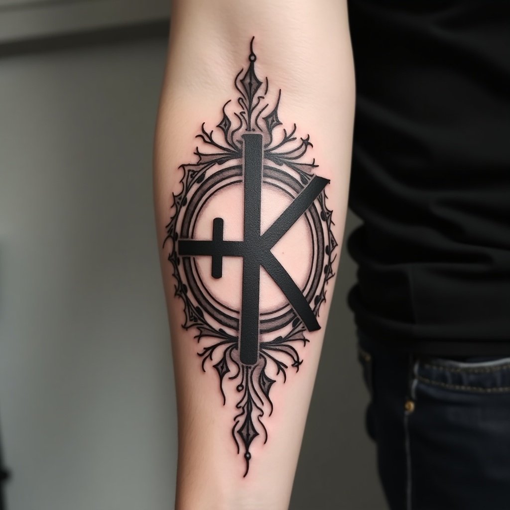 A tattoo design featuring an OK symbol combined with a K character on an arm, showcasing detailed blackwork and tribal styling.