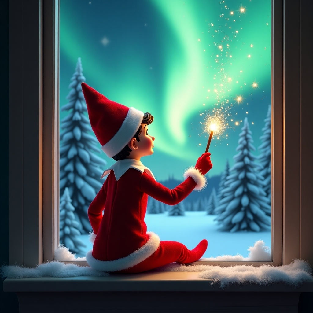 An elf on the shelf sits on a window ledge. The elf uses a magical wand to create sparks. The elf looks at northern lights in a winter wonderland. The scene has snow-covered pine trees. The elf wears a bright red outfit with white trim. The atmosphere feels festive and magical.