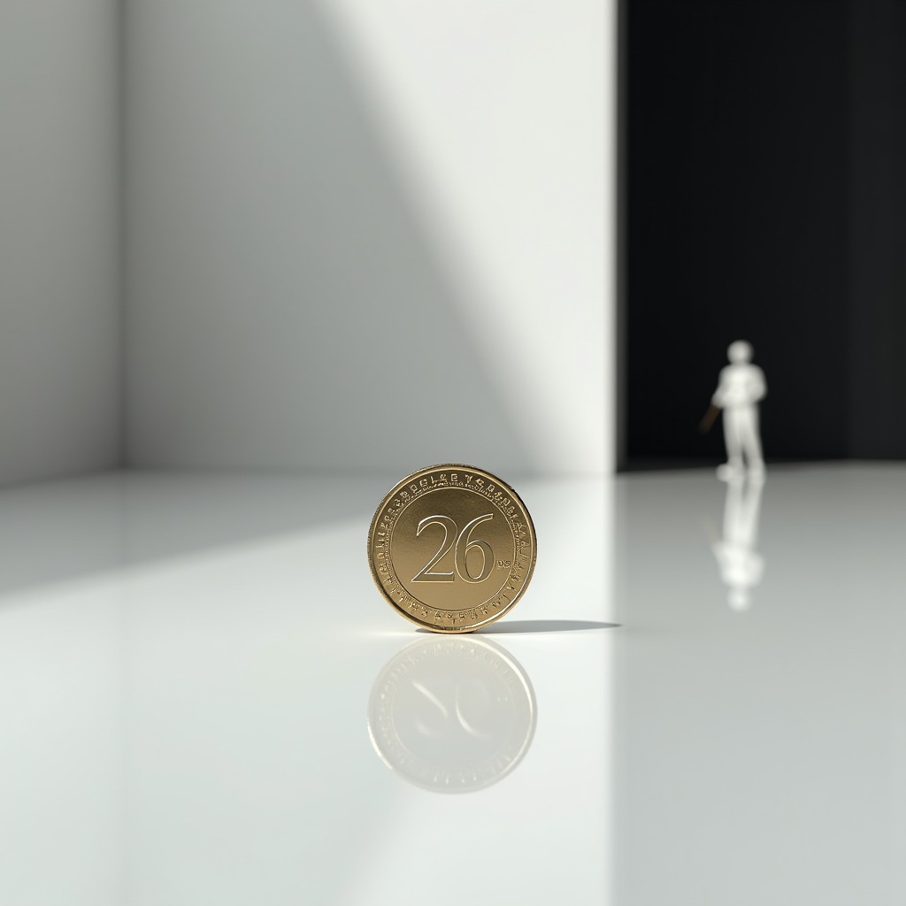 A minimalist scene with a coin prominently displayed and a blurred figure in the background.