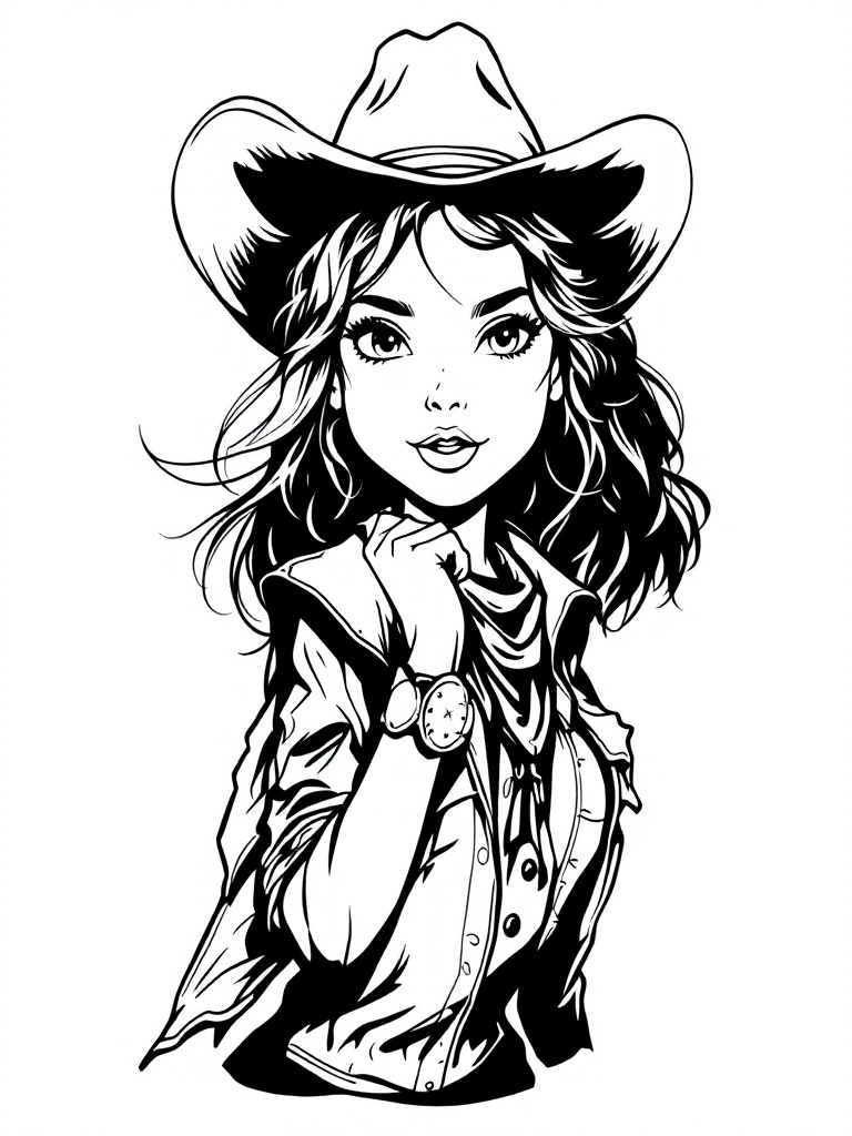 Outline vector stencil of a cowgirl in a sassy pose. The design includes a stylish hat and outfit. Black and white color scheme with intricate hair details. A playful flirtatious character is depicted.