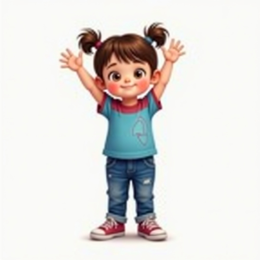 This image depicts a cheerful three-year-old girl with brunette hair styled in pigtails. She is excitedly stretching her arms above her head in a playful gesture. The girl is dressed in a blue and red shirt paired with blue jeans and red sneakers. Her facial expression radiates joy and enthusiasm. The background is plain, which emphasizes her vibrant attire and happy demeanor.