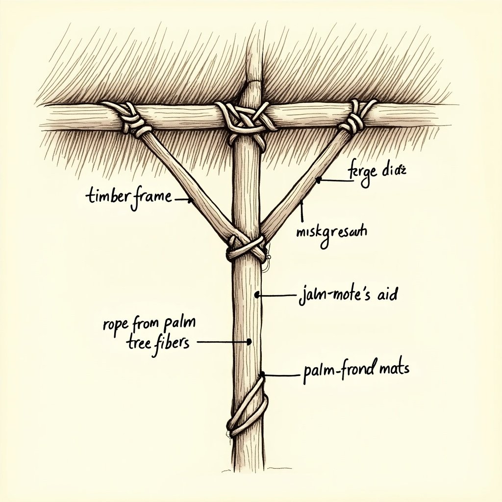 Hand-drawn architectural sketch illustrating a traditional timber frame connection with vertical post and horizontal beams secured with natural rope. Ropes are handmade and tightly wound. Palm-leaf fronds are layered above to form a roofing element. Sketch includes fine lines for texture with rough wooden grain and frayed palm fibers. Labels highlight features like timber frame and palm-frond mats. Cross-hatching for shadows and detail emphasis.