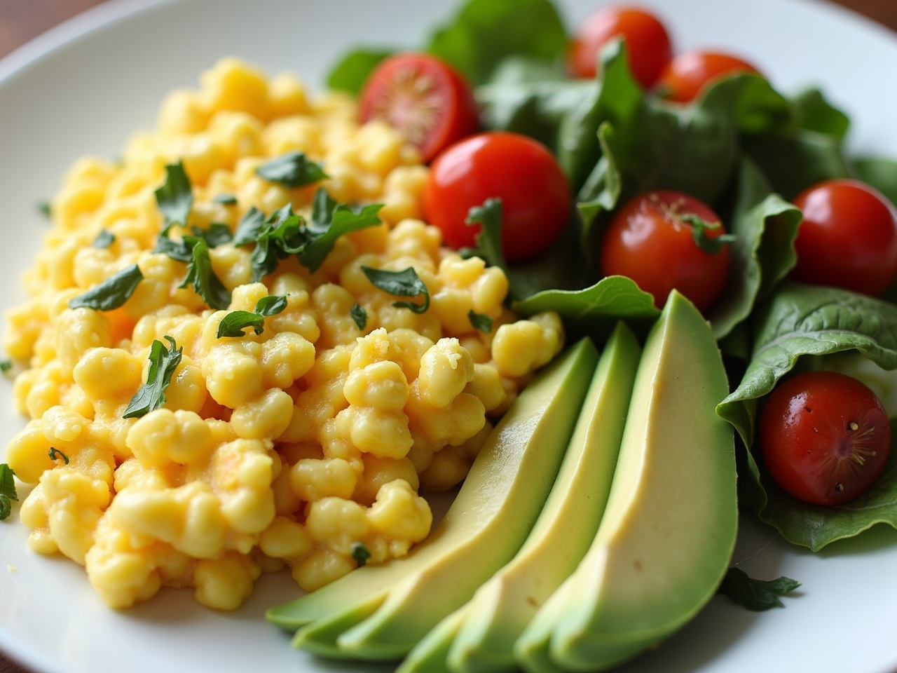 A delicious plate featuring fluffy scrambled eggs, sliced avocado, and a vibrant salad. The scrambled eggs are bright yellow, rich and fluffy, garnished with fresh herbs. Beside it, sliced avocado reveals a smooth green interior, beautifully fanning out. The salad includes fresh spinach and ripe cherry tomatoes, adding vibrant colors and textures. The food is arranged neatly on a white plate, enhancing its visual appeal. This dish showcases a healthy and nutritious meal option, perfect for breakfast or lunch.