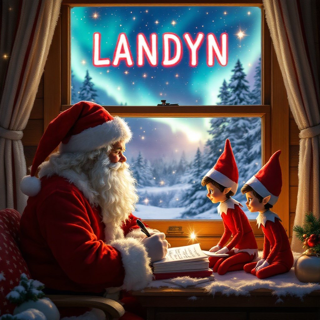 In a cozy cabin, Santa Claus is sitting with two elves by a window, writing notes together. The scene showcases a beautiful sky filled with northern lights. The ambiance is warm and inviting, highlighting the magic of Christmas. This festive setting embodies the spirit of giving and excitement as they prepare for the arrival of kids. The name 'LANDYN' is scripted and glowing in the sky, adding a personal touch to the holiday magic.