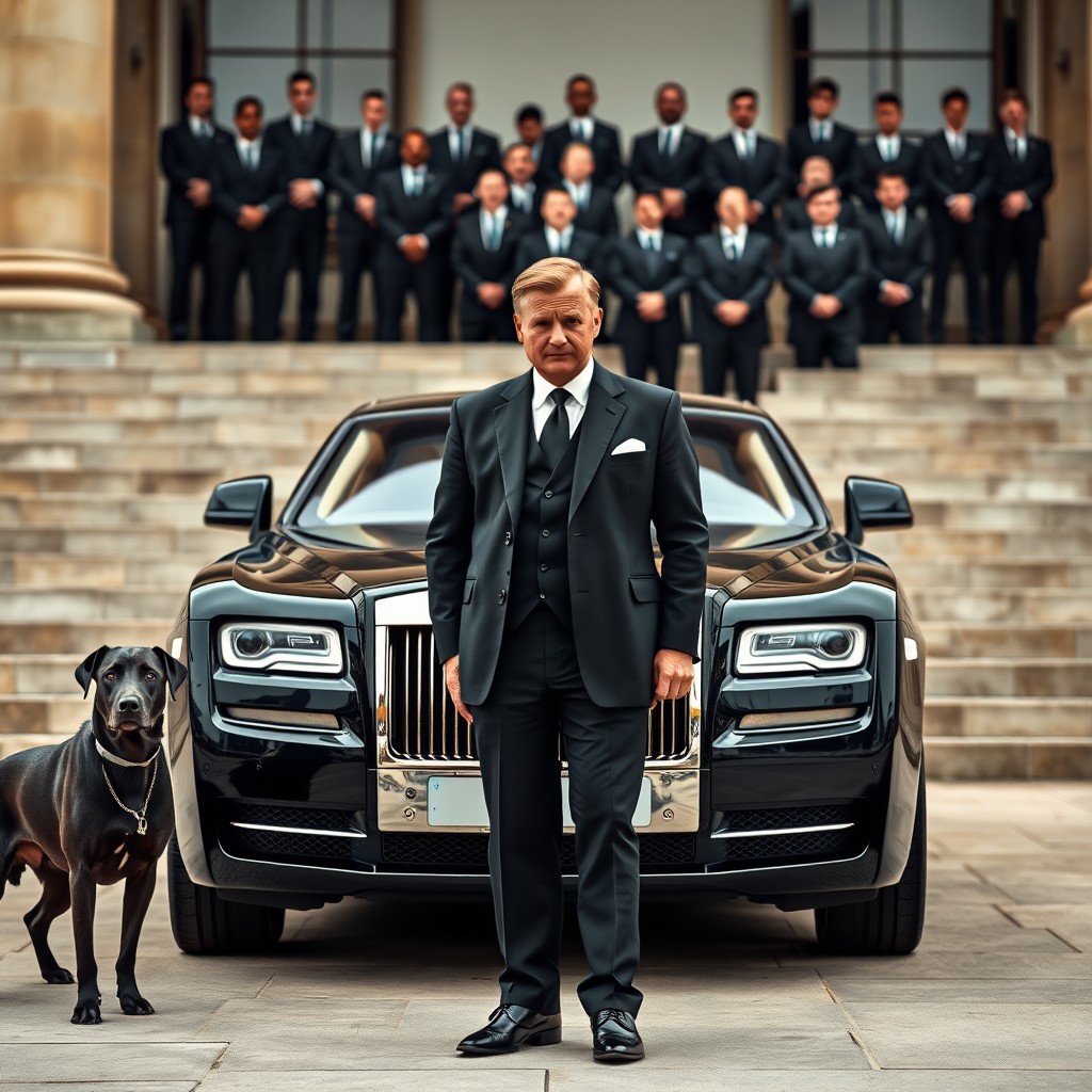 A well-dressed man stands confidently in front of a luxury car with a group of suited individuals and a dog.