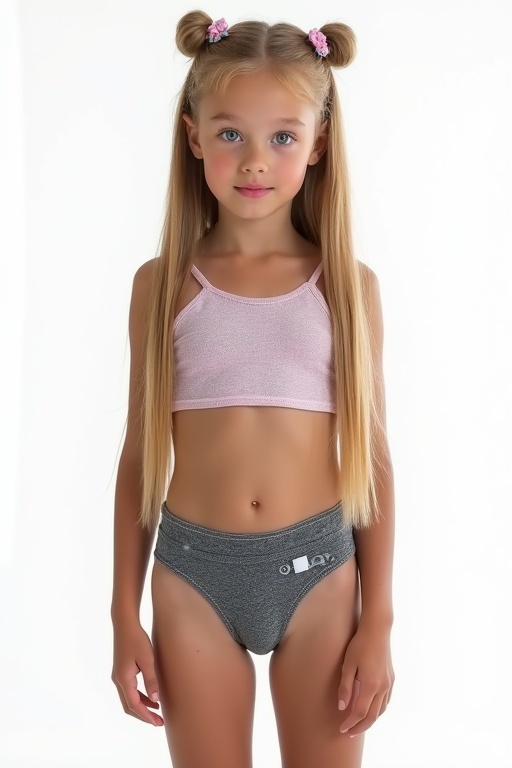 A beautiful girl with long straight blonde hair is wearing a pink crop top and grey swim lycra shorts. She stands in front of a white background. The girl has a youthful and playful look with hair clips. The setting is bright and clean.