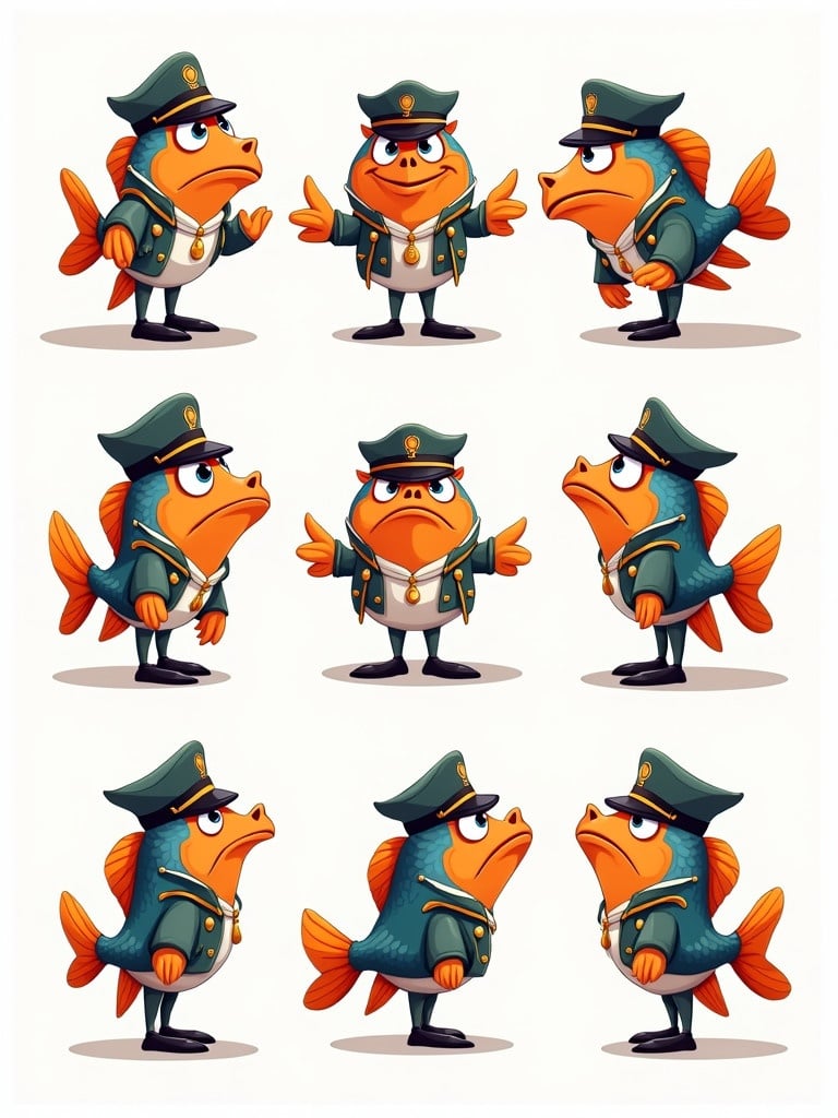 Show fish in army uniform with different angles. Fish has a grumpy expression. Fish is colorful with detailed uniform.