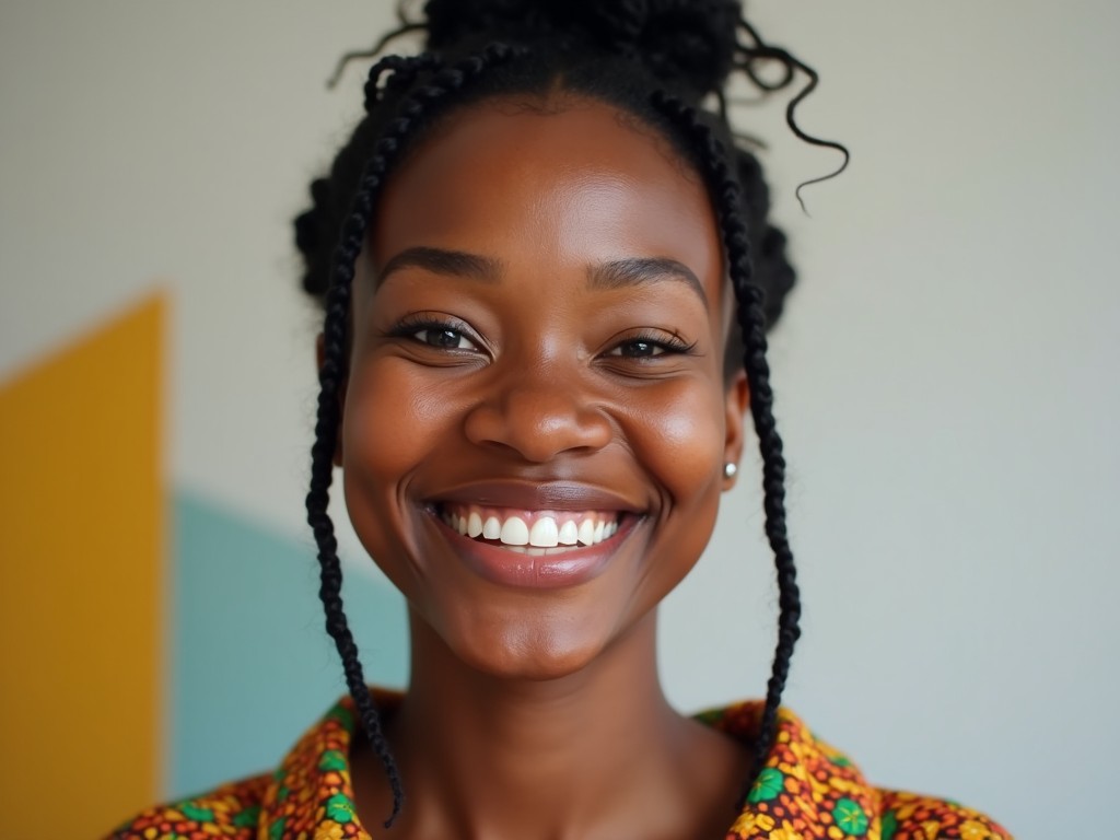 The image features a smiling young woman with braided hair, showcasing a bright and warm expression. She is wearing a colorful patterned top that reflects vibrant cultural elements. The background consists of soft colors, creating a pleasant and inviting atmosphere. The lighting is natural and enhances her features beautifully, making the portrait feel lively. This image conveys joy, confidence, and cultural richness.