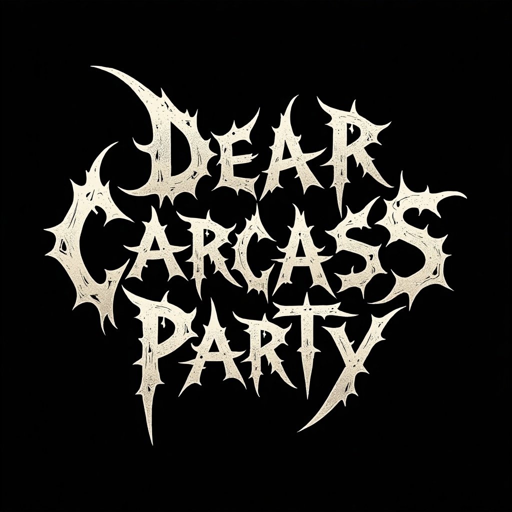 Text styled in a nu metal band logo format has sharp edges and a bony texture. The text is called 'Dear Carcass Party'.