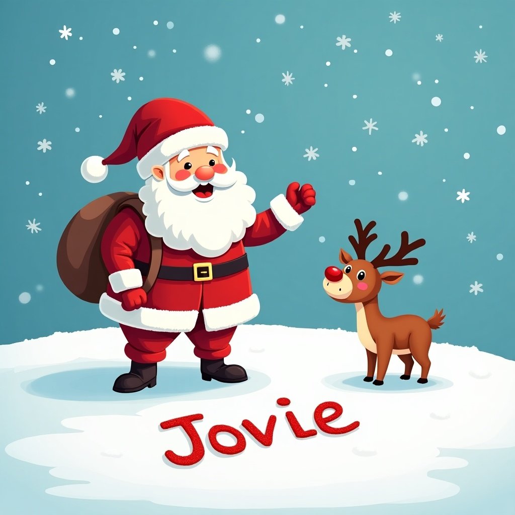 A jolly Santa Claus stands in a snowy landscape. He writes children's names in the snow, including 'Jovie'. A cheerful little reindeer observes him. The scene is vibrant with a blue background and fluffy white snow. The atmosphere is festive and magical for the holiday season.