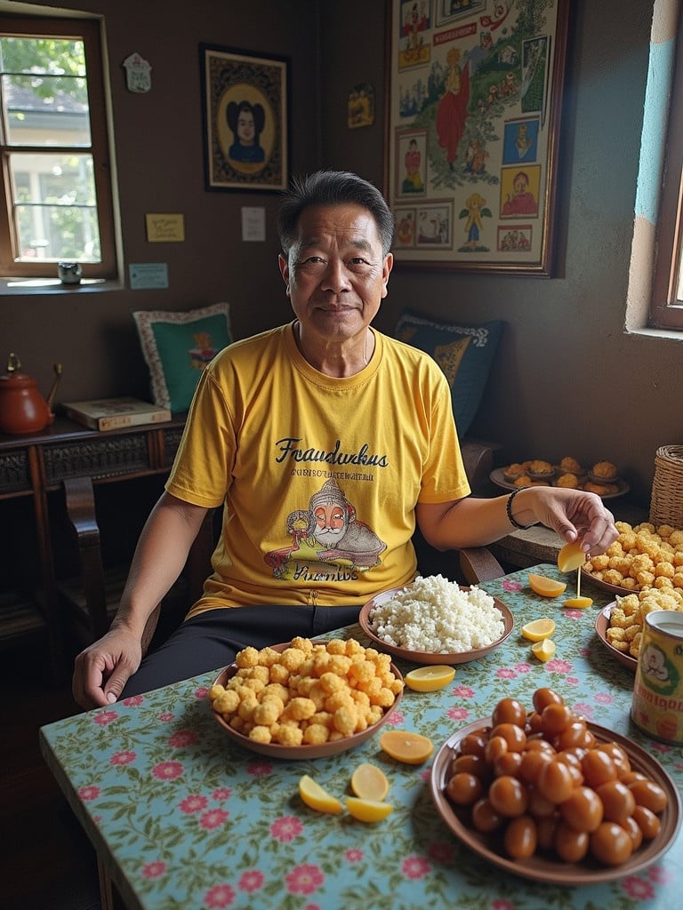 A person sitting at a table filled with various food items. The table is decorated with colorful dishes containing snacks and sweets. A scenic view of a cozy room with walls adorned with artwork. Natural light illuminates the scene. The person wears a bright yellow shirt and is engaged with the food items on the table.