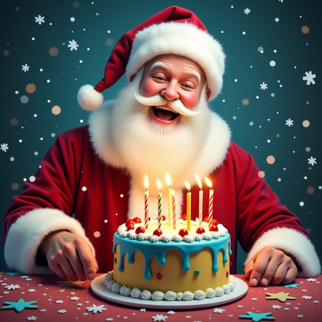 Santa Claus celebrates with a colorful birthday cake adorned with candles. The background features a festive, snowy design. The scene is cheerful and bright, perfect for holiday celebrations.