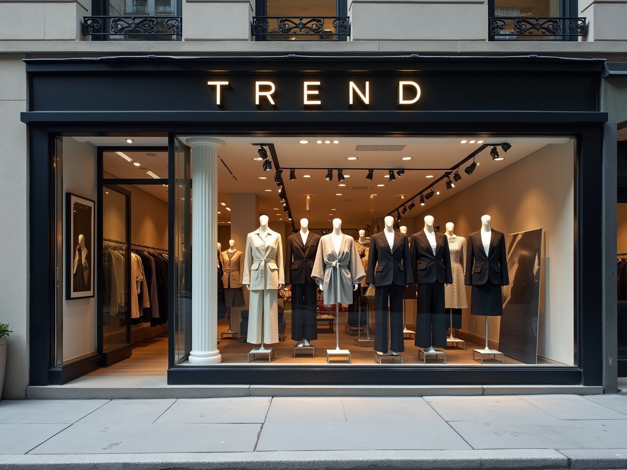 A stylish fashion store window showcases elegant clothing. The brand logo 'TREND TORONTO' is prominently displayed. The window features mannequins wearing modern and chic outfits. The store is located on a bustling city street. The ambiance is inviting and trendy, appealing to fashion-conscious shoppers.