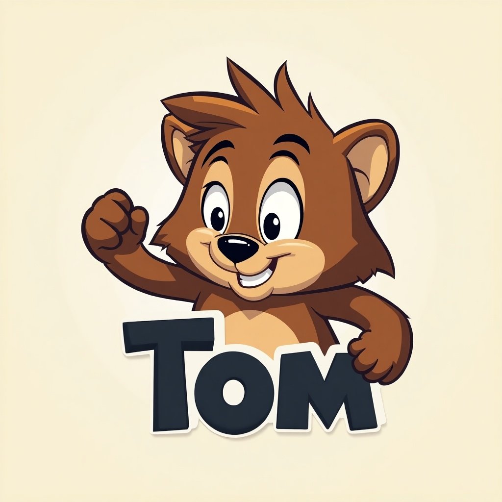 Logo features a cartoon bear named Tom. Bear is smiling and flexing one arm. Text says 'Tom' in bold black letters. Light background color enhances the logo's playfulness.