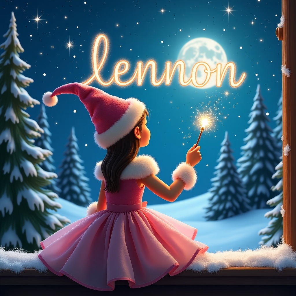 Image showcases enchantment of a holiday scene. An elf dressed in poofy pink sits facing a winter landscape. Bright moon and stars are visible. The elf holds a wand casting glowing letters. Name 'Lennon' sparkles above. Snowy ground and evergreen trees create a festive feel.