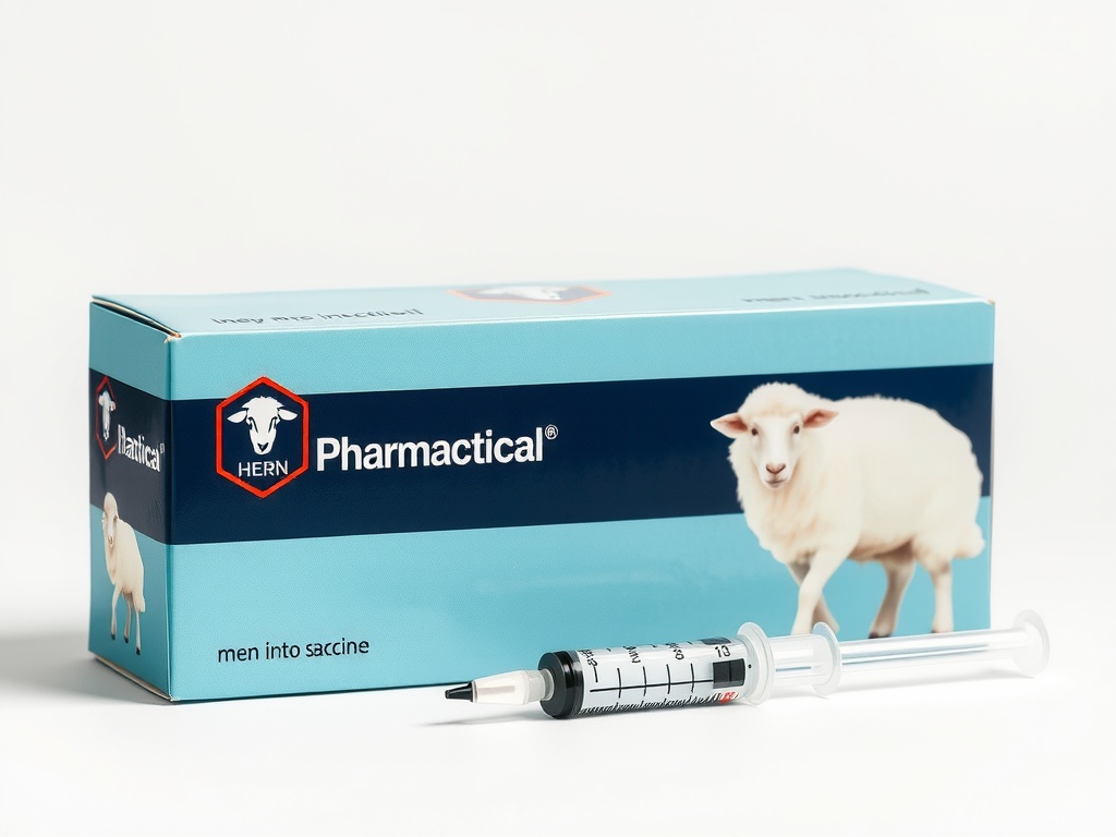 The image showcases a box labeled 'HERN Pharmactical' with an illustration of a sheep, suggesting veterinary medicine, possibly a vaccine. In front of the box is a syringe filled with a liquid, indicating its application. The packaging and syringe are placed on a plain background, emphasizing the medical theme.