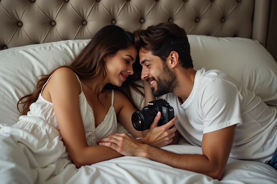 A couple lovingly gazes at each other while holding a camera, lying on a bed.