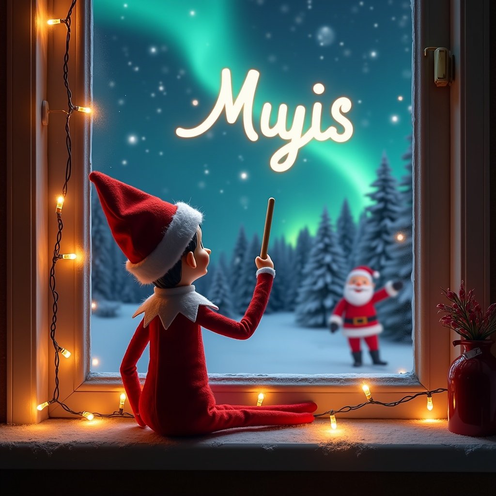 The scene depicts a cozy Christmas atmosphere from the perspective of a window. An elf on the shelf, dressed in a red suit with a hat, sits with its back to the viewer. The elf holds a wand, magically writing 'Mya' in the sky. Outside the window, a winter landscape is visible, with sparkling northern lights illuminating the scene. Santa Claus can be seen in the background, adding to the magical feel of the moment. Warm lighting from string lights brings the interior to life, capturing the joyous spirit of the holiday season.