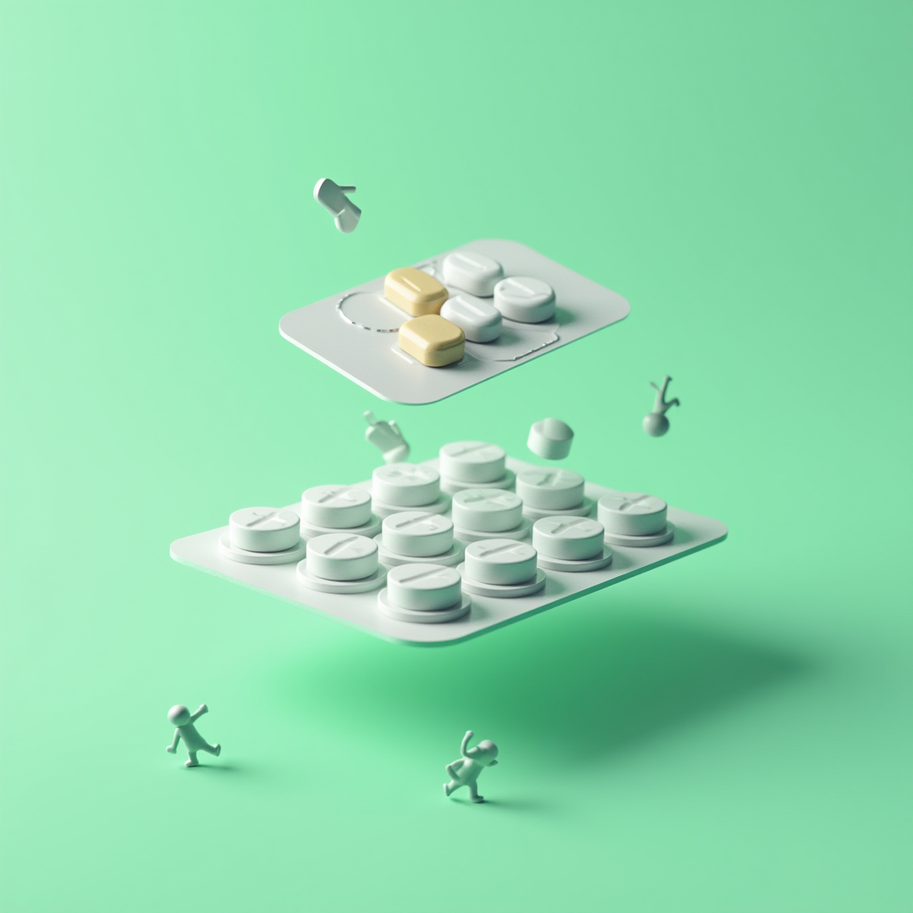 Floating blister packs of pills are surrounded by tiny jumping and running figures against a mint green background.