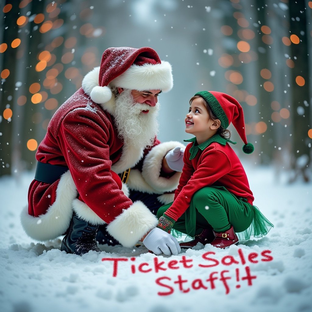 A snowy woodland scene features Santa and an elf girl. They write Ticket Sales Staff in the snow. Snowflakes are gently falling. Trees are illuminated with warm lights. The girl gazes up at Santa with excitement. The scene is festive with red and green clothing.