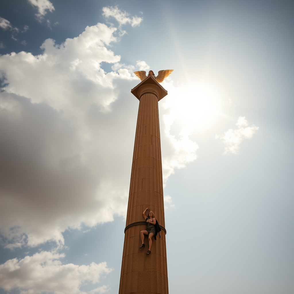 A person is climbing a tall column with an eagle statue on top, set against a cloudy sky with the sun shining brightly.