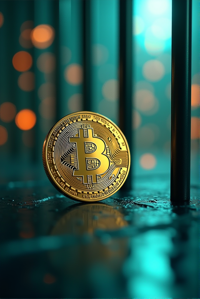 A golden Bitcoin coin stands on a reflective blue surface, framed by dark bars and blurred lights in the background.