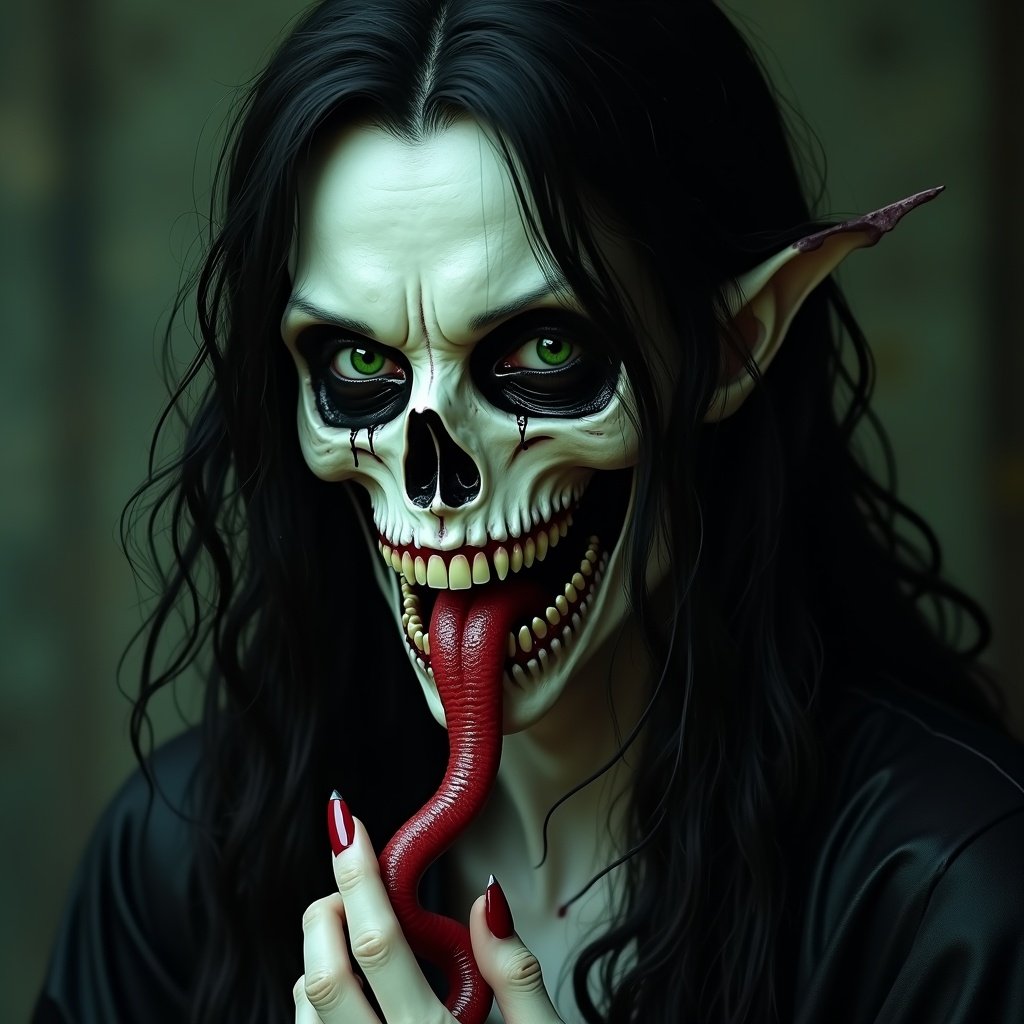 Gothic themed male with long black hair. Skin is luminescent and translucent. Black tears from green eyes. Red lips, exposed demonic skull. Long winding tongue from gaping mouth. Sharp teeth resembling Venom. Long elven ears. Bony fingers with red nails holding a worm.